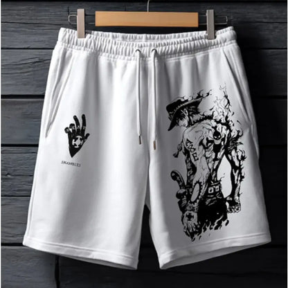 White cotton shorts with loose fit featuring black ink-style one piece luffy zoro anime graphics on the legs