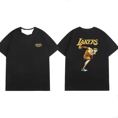 Black short-sleeved quick-dry football jersey with gold lakers logo and anime character in yellow uniform on back side