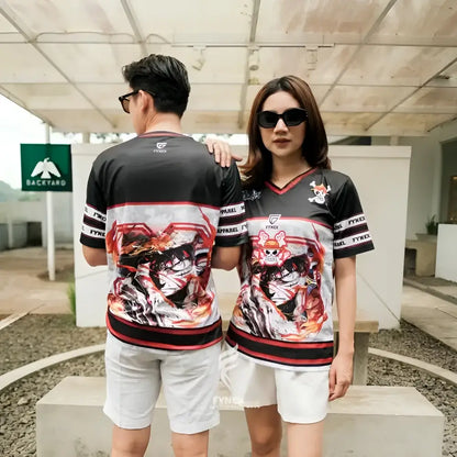Black and white quick-dry football jersey with red accents featuring detailed piece luffy and zoro football jersey design