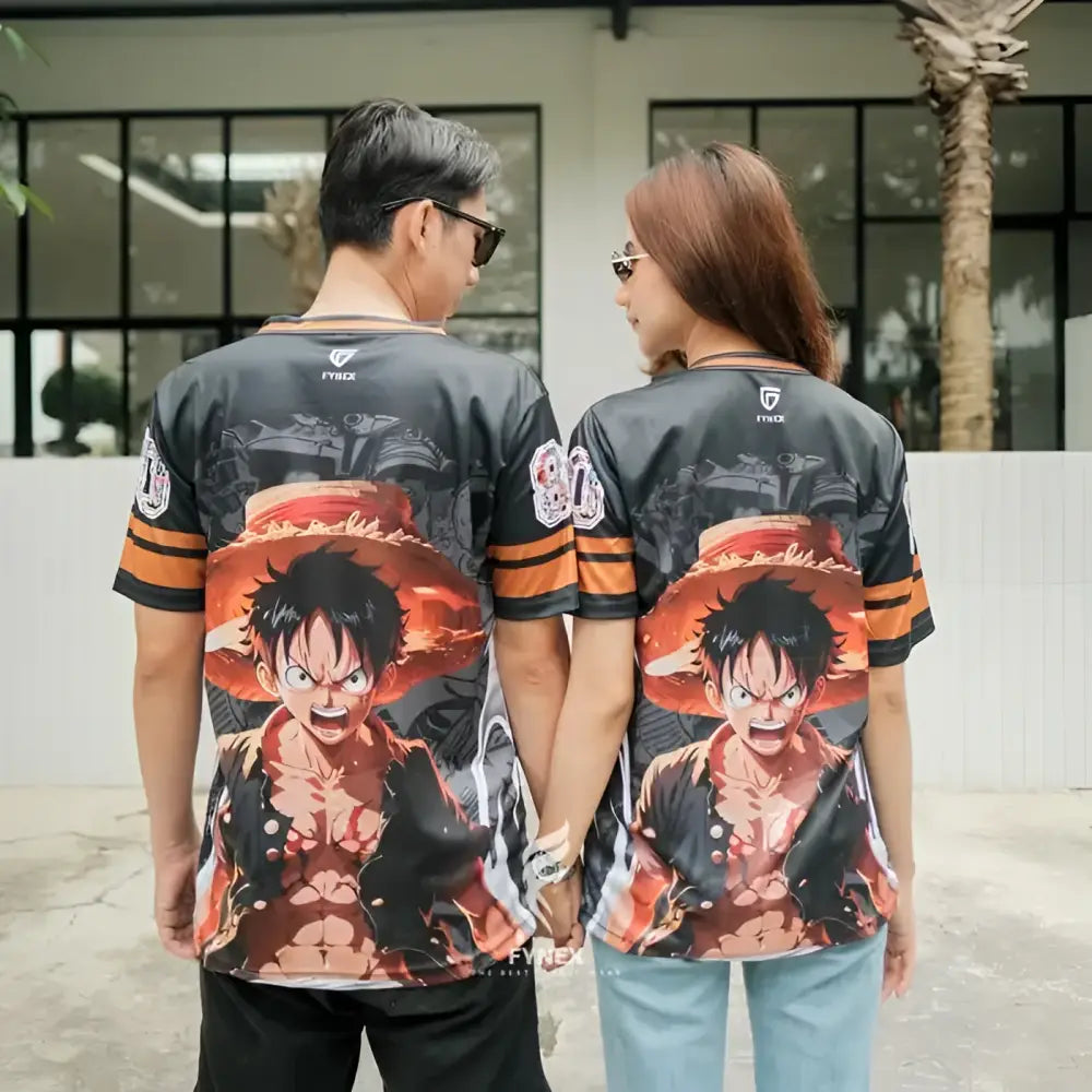 Black and orange one piece luffy and zoro football jersey with quick-dry fabric and full-back monkey d print