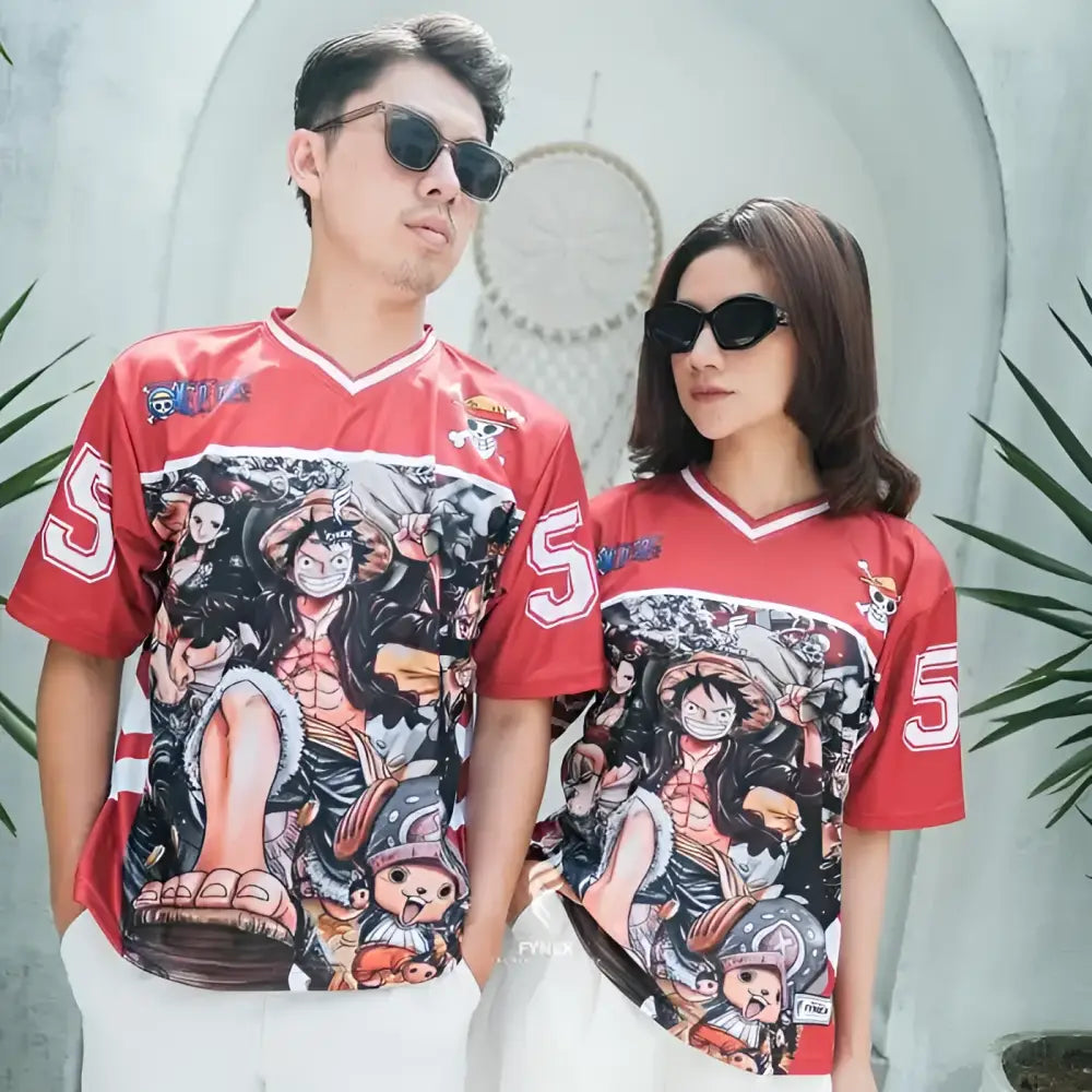 Red one piece quick-dry football jersey with black and white zoro character print and number 5 on sleeves