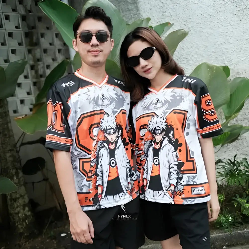 Orange and white quick-dry football jersey with One Piece Luffy and Zoro anime character print for fans