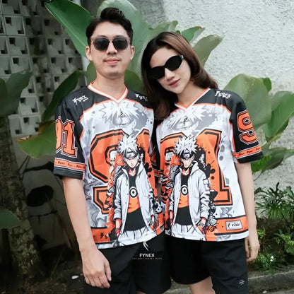 Orange and white quick-dry football jersey with One Piece Luffy and Zoro anime character print for fans