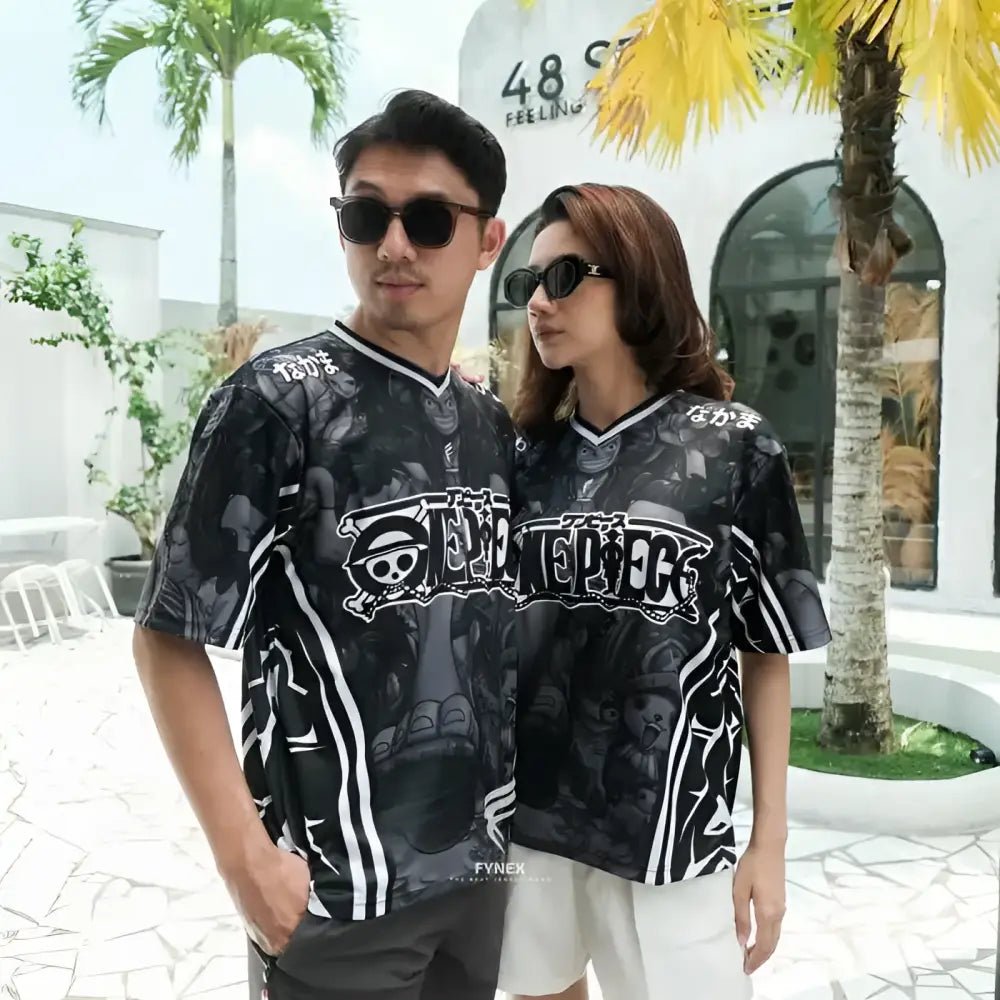 Black and white one piece luffy and zoro football jersey with skull logo and quick-dry fabric featuring bold stripes