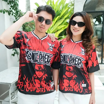 Red and black one piece luffy and zoro football jersey with flame patterns quick-dry material and skull logos