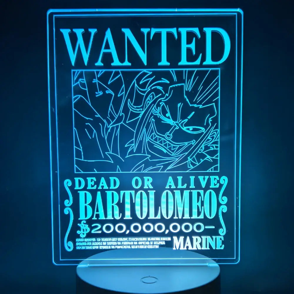 One piece luffy zoro led figure lamp with glowing blue bartolomeo wanted poster and colors change press 8th times