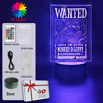 Purple illuminated acrylic wanted poster lamp featuring monkey d with colors change and press 8th times function