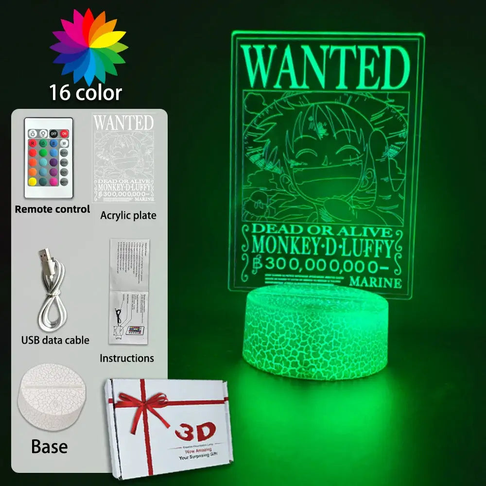 Green glowing 3d led lamp featuring wanted poster design of monkey d with colors change and press 8th times features