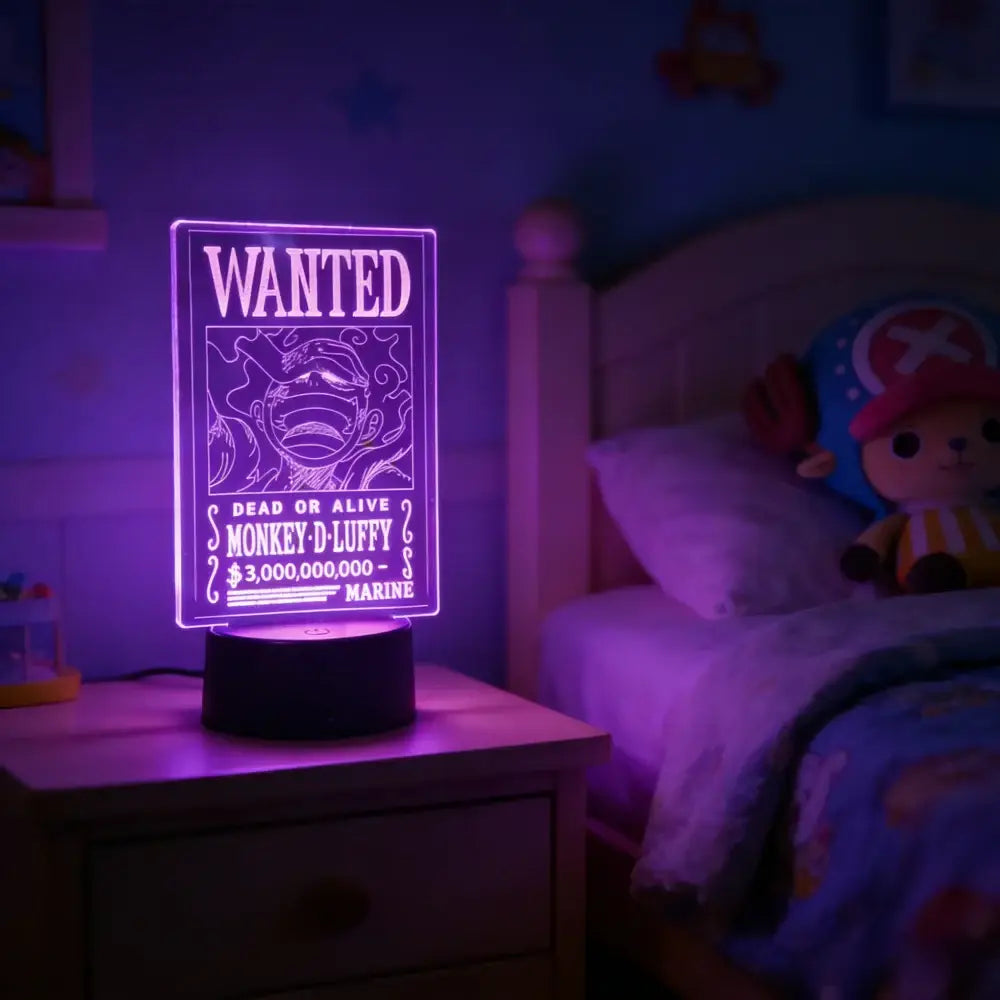 Purple glowing led lamp shaped like a wanted poster featuring monkey d with colors change main features press 8th times