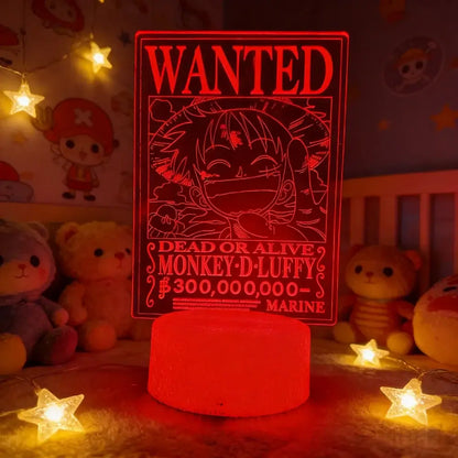 Red illuminated one piece luffy zoro led figure lamp with wanted poster design and colors change press 8th times feature