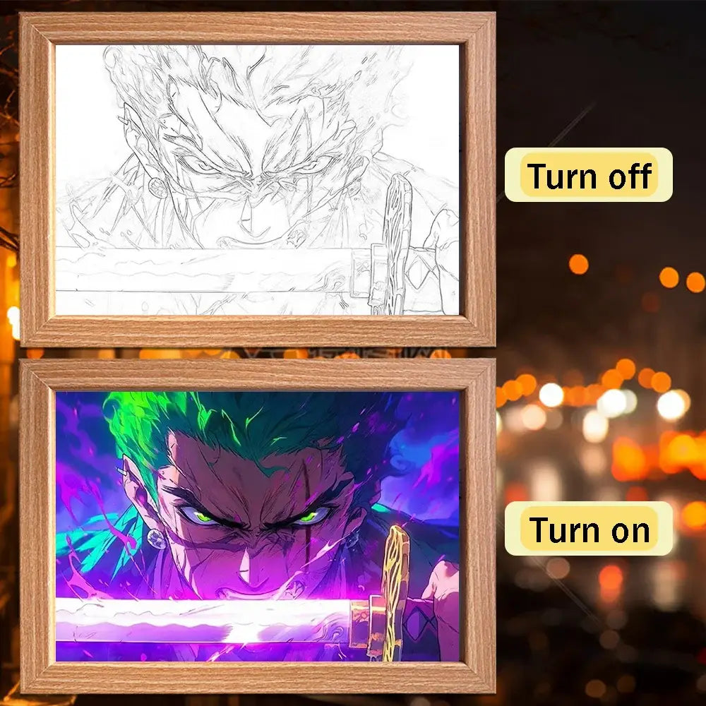 Wooden-framed one piece luffy zoro led frame light with glowing colorful digital display for bedroom decor