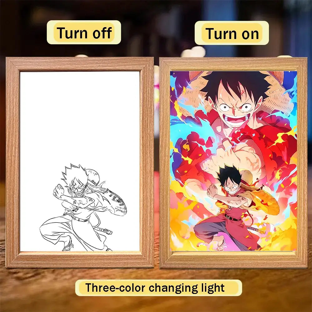 Wooden-framed led frame light featuring vibrant colorful illustration of monkey d in one piece luffy zoro bedroom decor