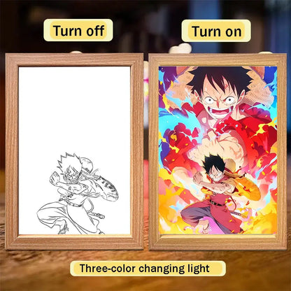 Wooden-framed led frame light featuring vibrant colorful illustration of monkey d in one piece luffy zoro bedroom decor