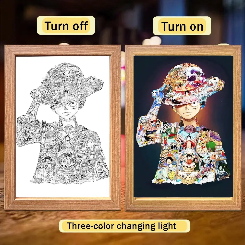 A framed one piece luffy zoro anime portrait with colorful mosaic details illuminated by three-color led frame light