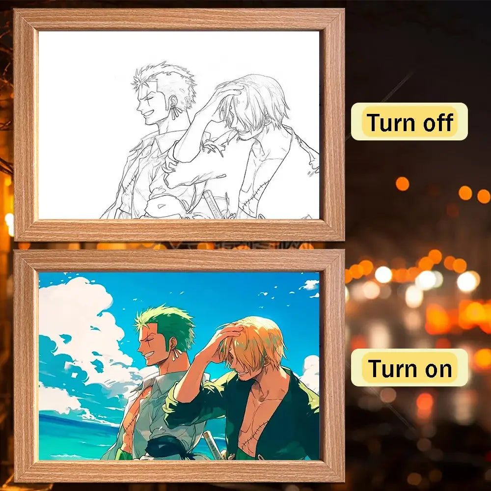 Wooden-framed one piece luffy zoro led frame light with line art that illuminates vibrant colors for bedroom decor