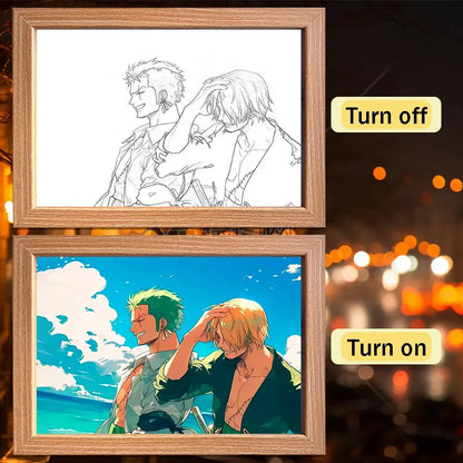 Wooden-framed one piece luffy zoro led frame light with line art that illuminates vibrant colors for bedroom decor