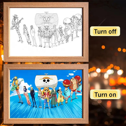 Wooden-framed piece luffy zoro led frame light with glowing blue ocean background for bedroom decor