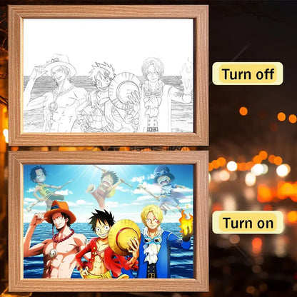 Wooden-framed one piece luffy zoro led frame light with line art and colored straw hat pirates for bedroom decor