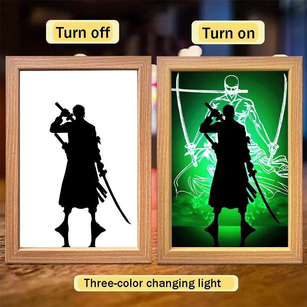Wooden-framed piece luffy zoro led frame light with black silhouette and three-color glowing green background for bedroom decor
