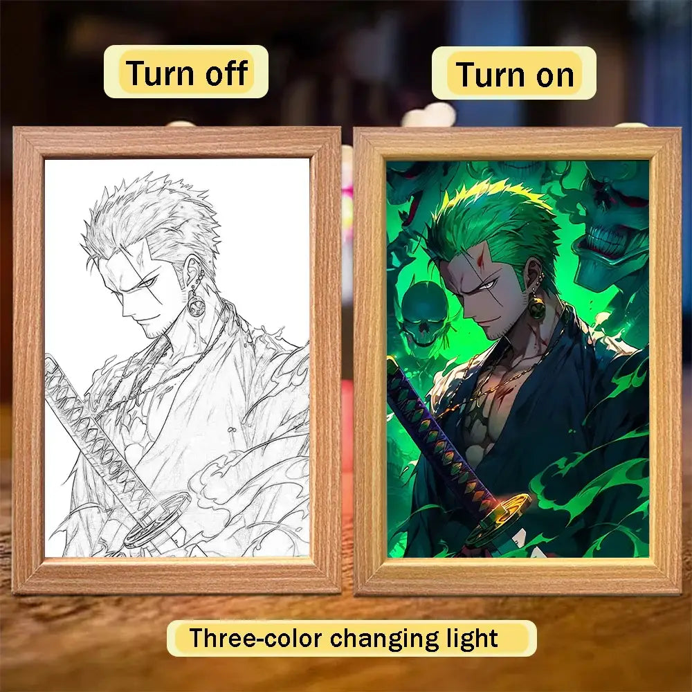 Wooden frame light featuring black and white line art and vibrant green glowing roronoa zoro for piece luffy zoro decor
