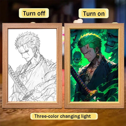 Wooden frame light featuring black and white line art and vibrant green glowing roronoa zoro for piece luffy zoro decor