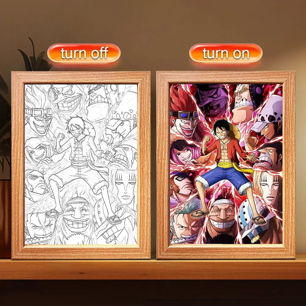 Wooden-framed one piece luffy zoro led frame light featuring vibrant anime canvas art for bedroom decor