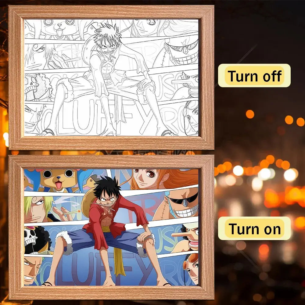 Wooden frame light featuring piece luffy zoro anime coloring page with black and white and colored luffy panels