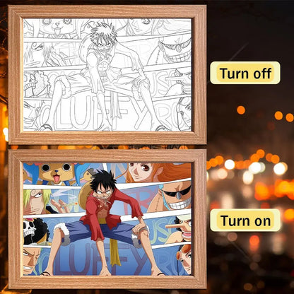 Wooden frame light featuring piece luffy zoro anime coloring page with black and white and colored luffy panels