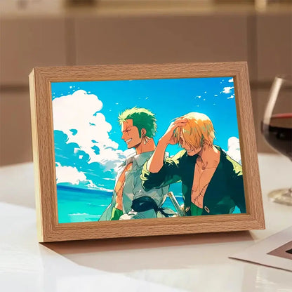 Light brown wooden frame light featuring vibrant one piece luffy zoro led anime illustration for bedroom decor