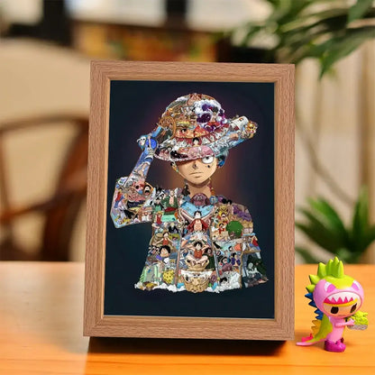 A framed colorful collage artwork in a luffy silhouette for one piece luffy zoro led frame light bedroom decor