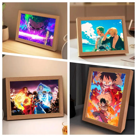 Wooden-framed led frame light displaying vibrant one piece luffy zoro anime artwork for bedroom decor