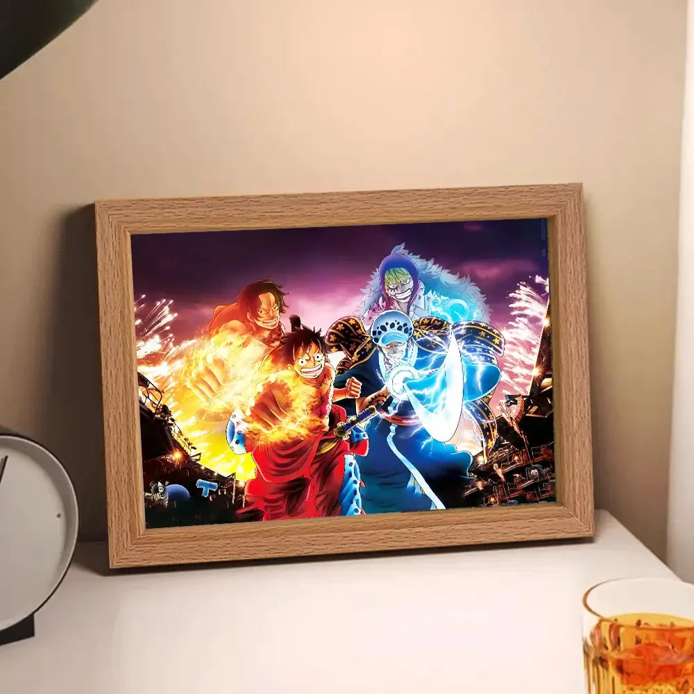 Wooden framed one piece luffy zoro anime poster with vibrant fiery background in luffy zoro led frame light bedroom decor