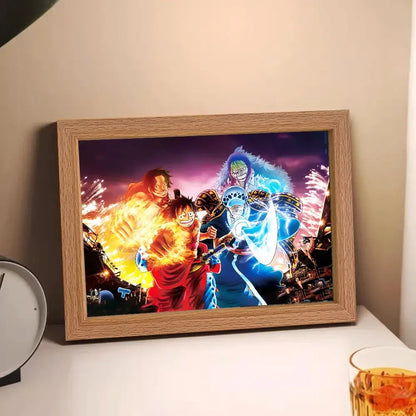 Wooden framed one piece luffy zoro anime poster with vibrant fiery background in luffy zoro led frame light bedroom decor