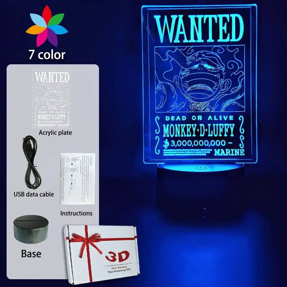 A glowing blue 3d led lamp featuring a wanted poster design of monkey d in one piece luffy zoro night light
