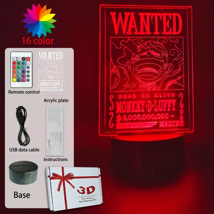 Red led light-up wanted poster lamp with 3d acrylic design featuring piece luffy zoro usb night light