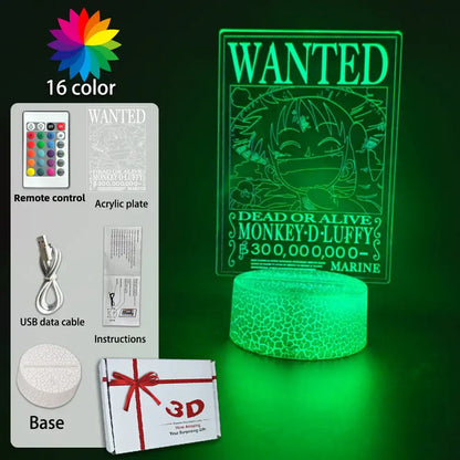 Green glowing 3d led lamp with wanted poster design of monkey d in piece luffy zoro usb night light