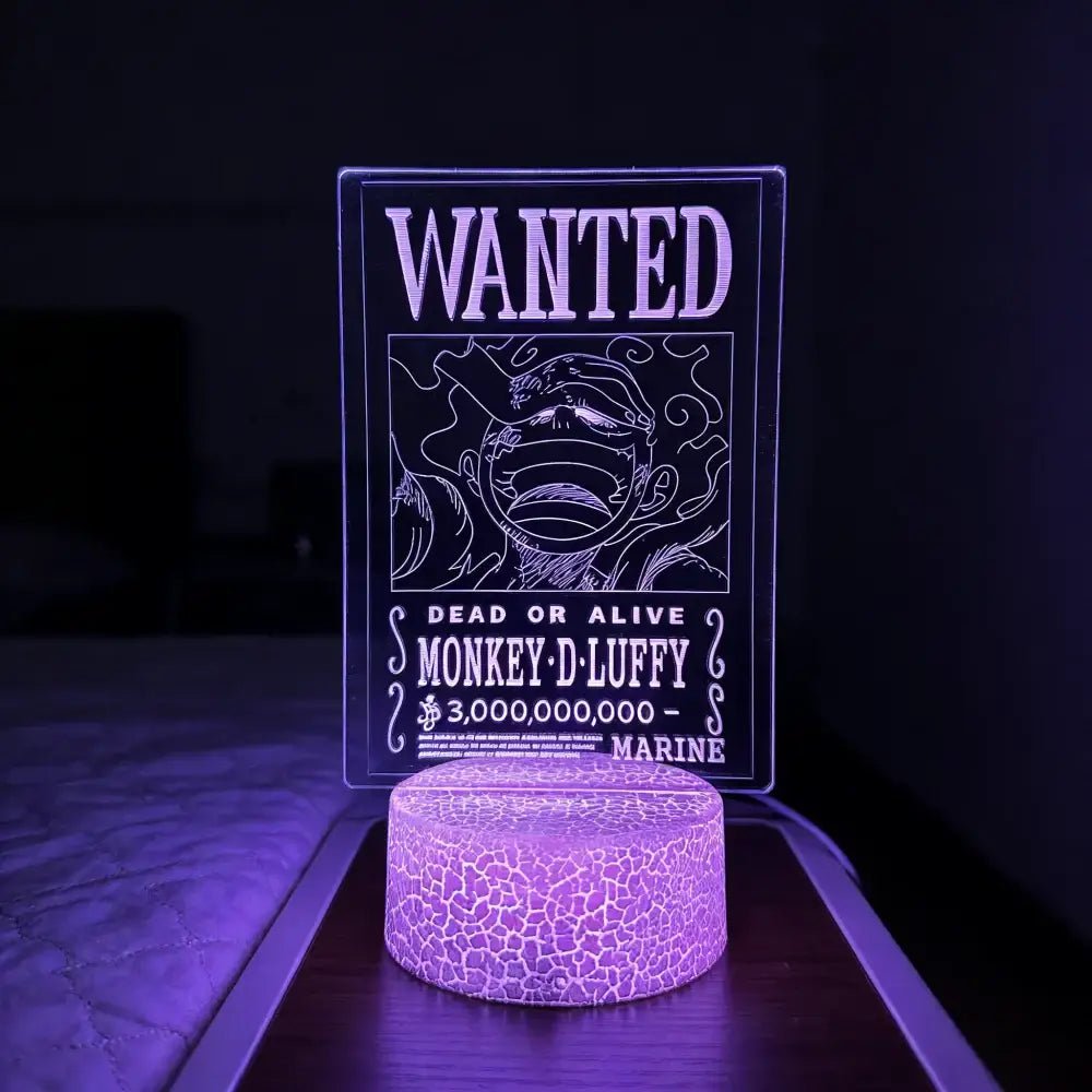 Purple glowing led lamp shaped like a wanted poster featuring monkey d luffy from one piece luffy zoro night light