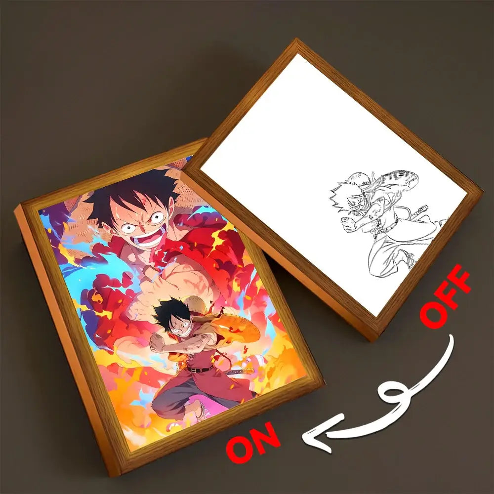 Wooden-framed led light painting poster featuring colorful monkey d in vibrant piece luffy zoro moon lamp design