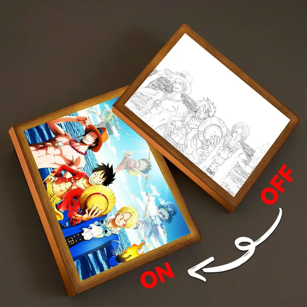 Wood-framed led light box featuring colorful one piece luffy zoro illustration and black-and-white line drawing light painting