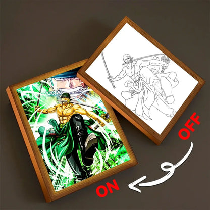 Wood-framed led moon lamp with vibrant green and black one piece luffy zoro anime light painting illustration illuminated on