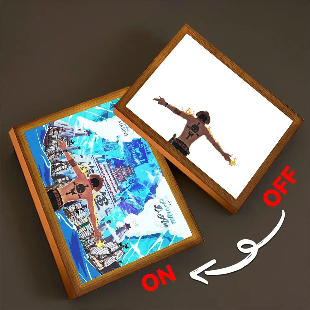 Wood-framed led moon lamp featuring illuminated one piece luffy zoro anime character light painting decor