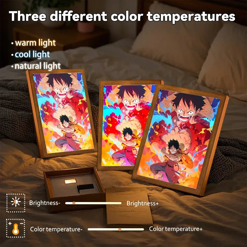 Three wooden-framed one piece luffy zoro led moon lamps with vibrant anime artwork emitting warm cool and natural light painting