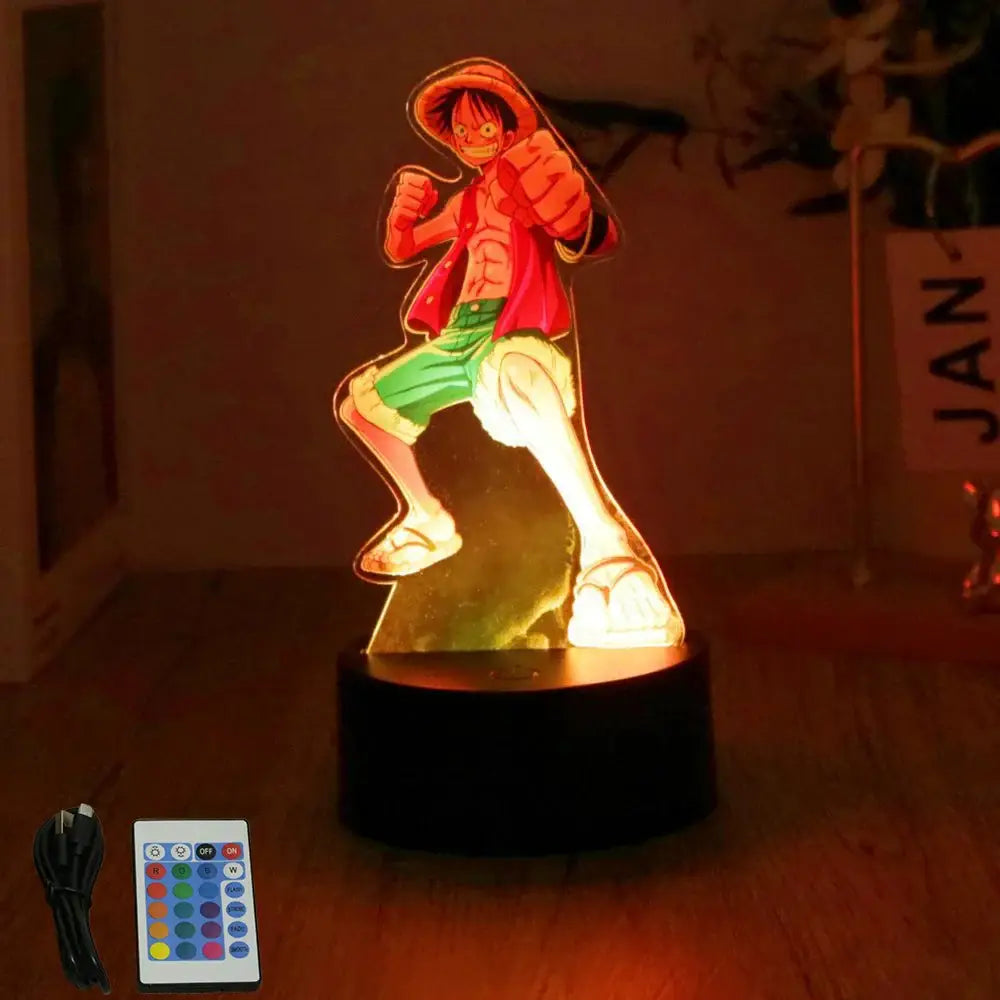 A glowing led night light shaped like piece luffy zoro in a red jacket and green shorts with remote on a black base