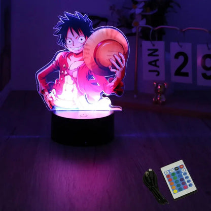 A glowing led night light featuring a 3d acrylic piece luffy zoro design with 7-color usb pvc for bedroom decor