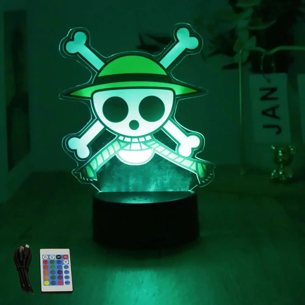 Green-lit one piece luffy zoro led night light featuring straw hat pirates skull and crossbones emblem in pvc