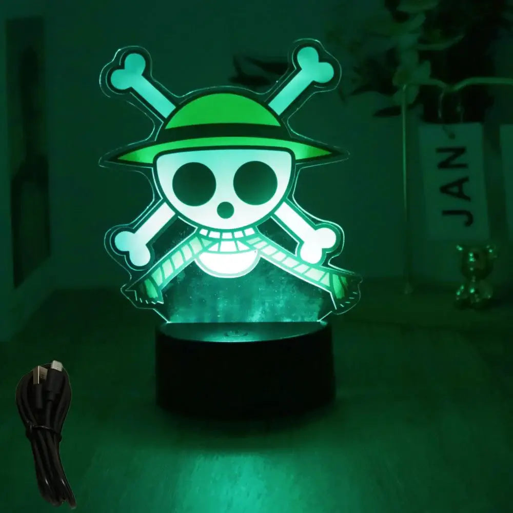 Green-lit led night light shaped like one piece luffy zoro straw hat pirates skull emblem made of pvc with usb power