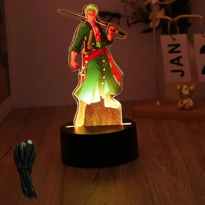 Green-haired piece luffy zoro led night light with glowing backlight on black base in detailed green and red outfit