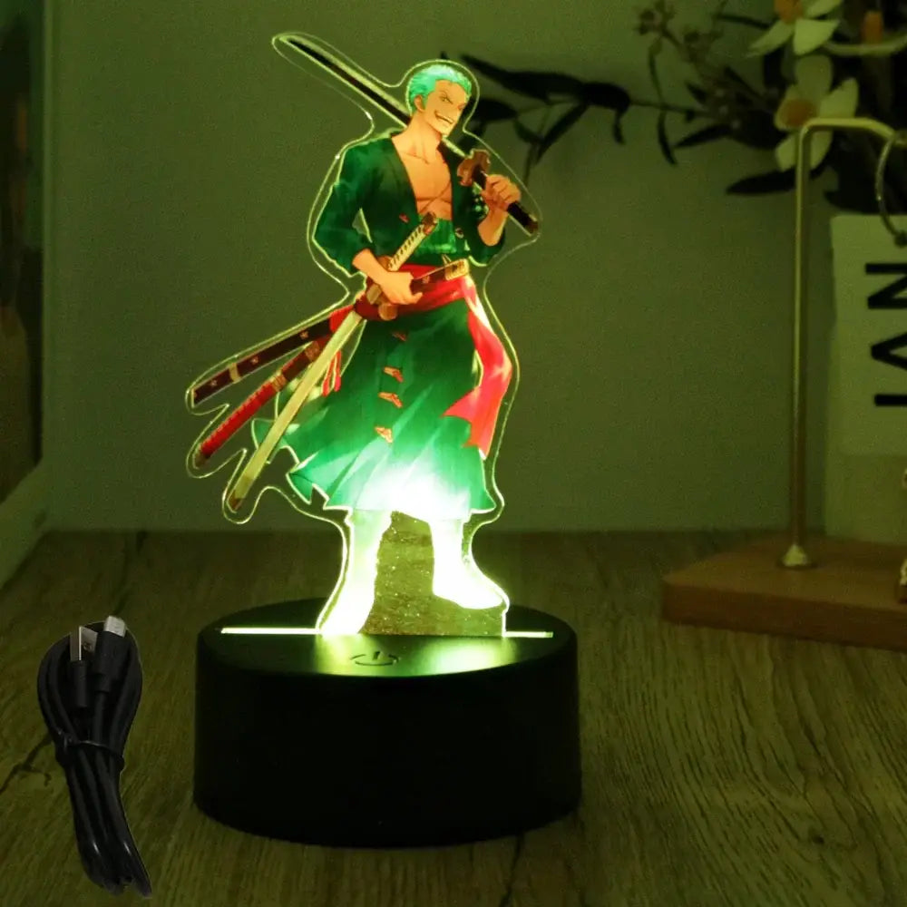 Green and red acrylic piece luffy zoro led night light with green hair swords illuminated by 7-color usb base