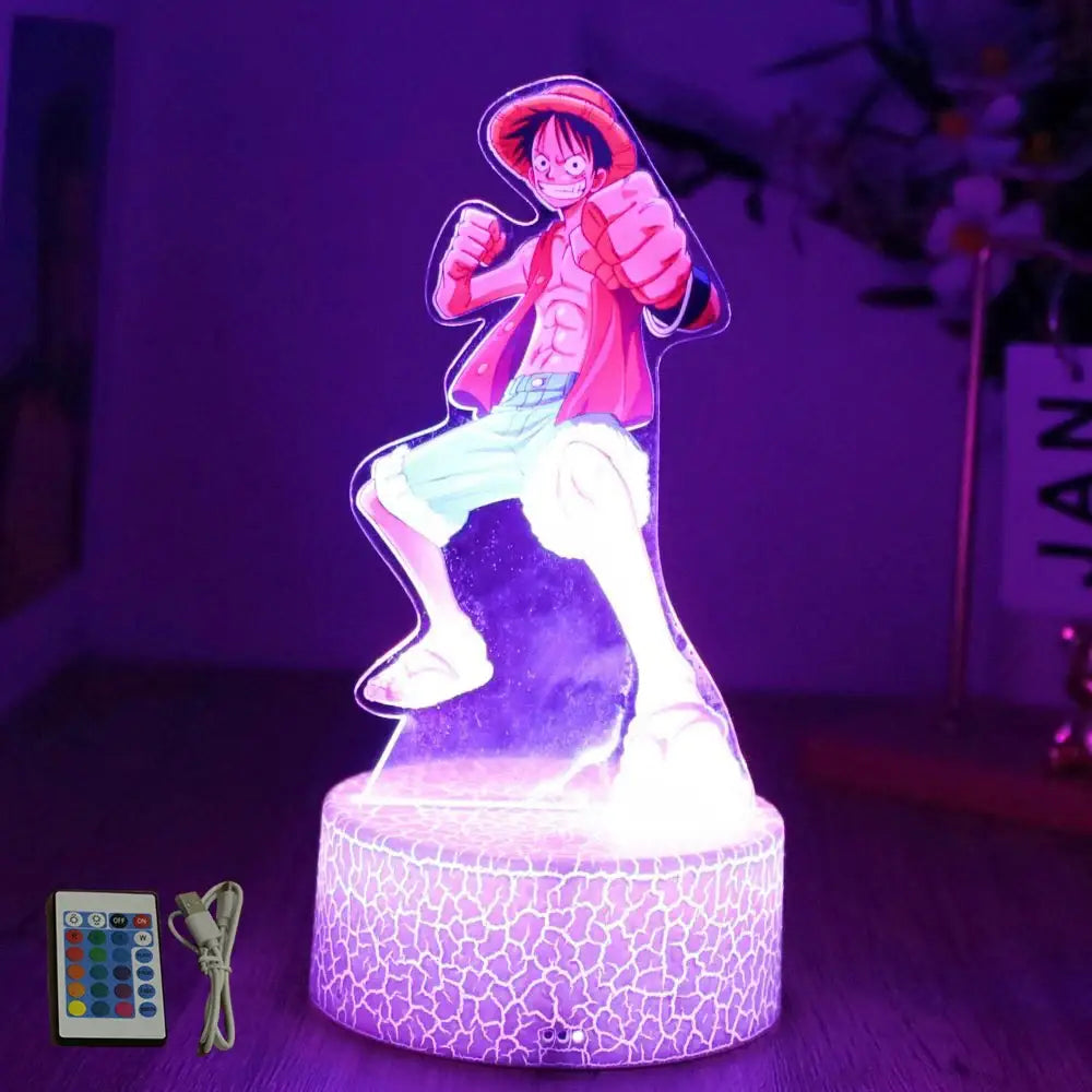 A glowing purple led night light shaped like one piece luffy zoro in a red hat and pink jacket with remote control