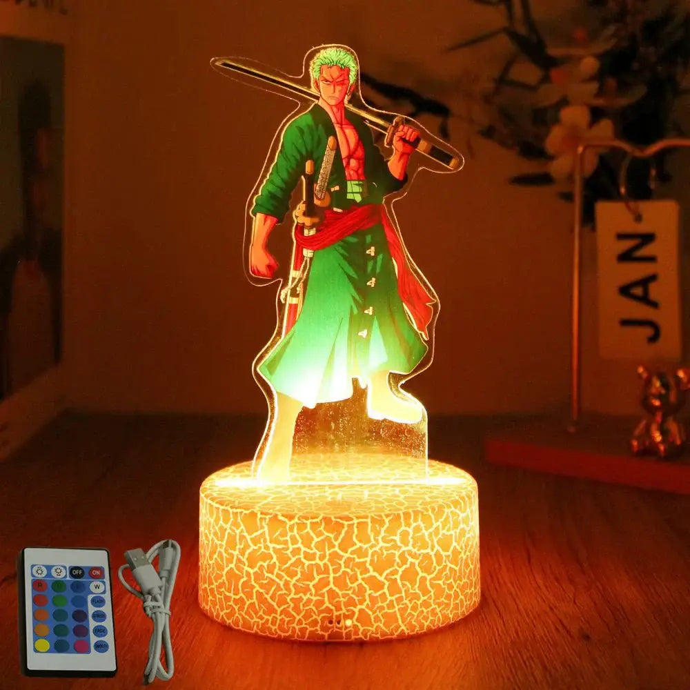 Green and red acrylic roronoa zoro led night light with glowing crackle base usb one piece luffy zoro night light